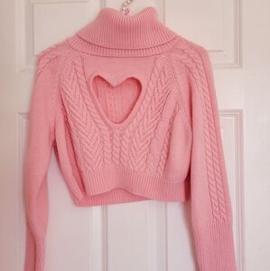 Pink Cropped Heart Cut Out Turtle Neck Sweater